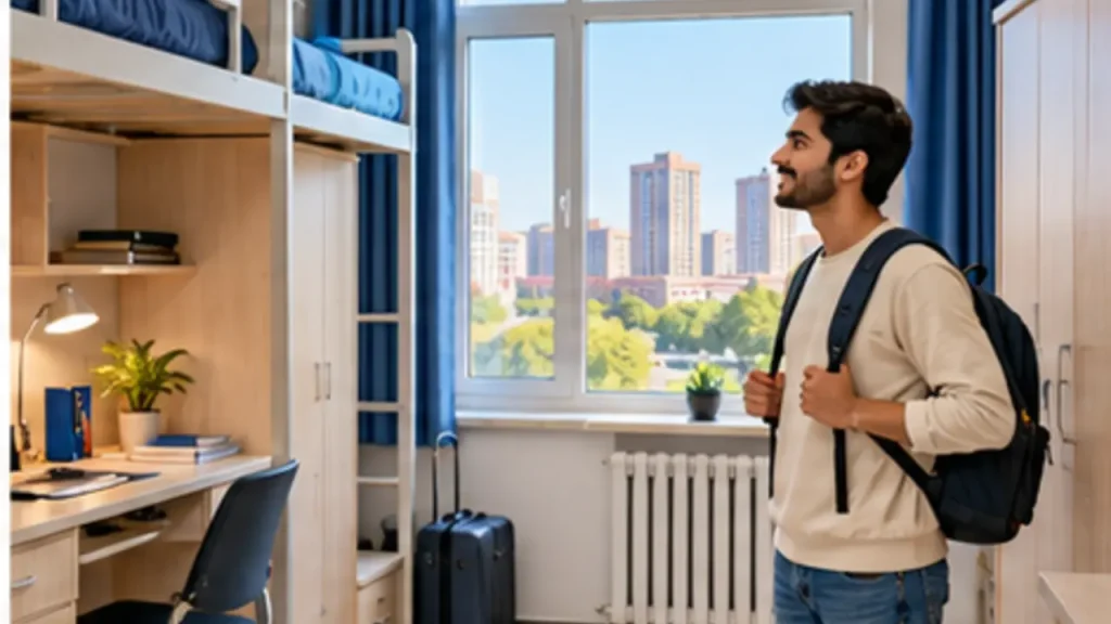 International student inspecting a dormitory room