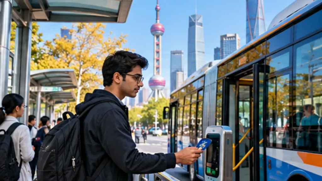 Student using public transport in a Chinese city