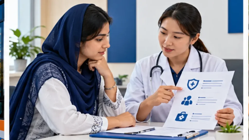 Student discussing medical insurance