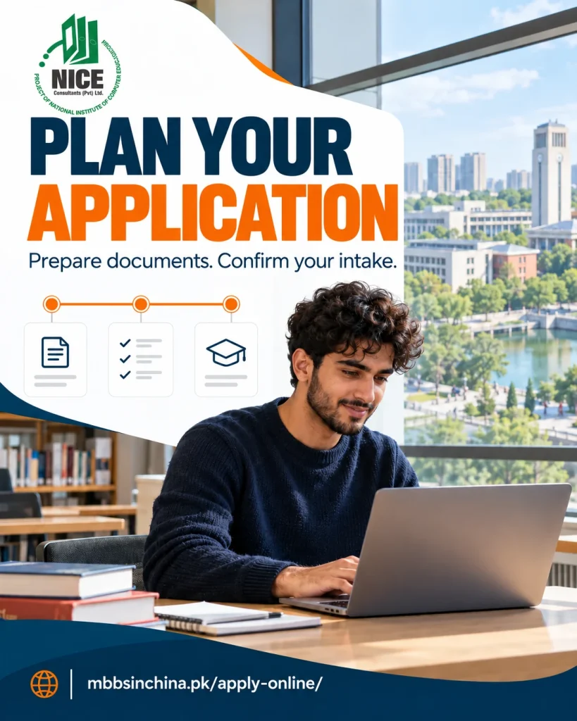 NICE application planning poster showing a student preparing documents at a library laptop