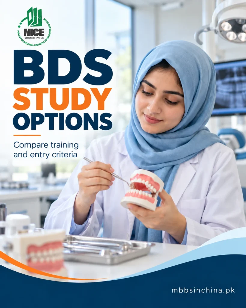 NICE dental study options poster showing a student learning with a dental model