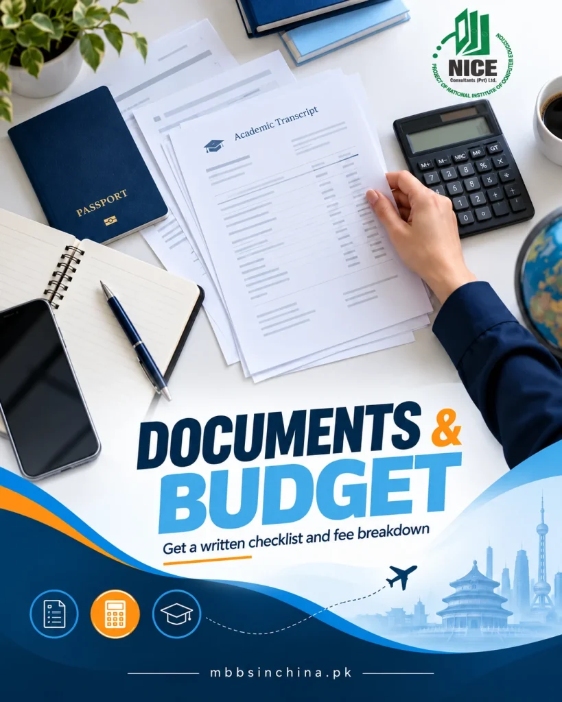 NICE documents and budget poster with passport cover, notebook and calculator on a desk