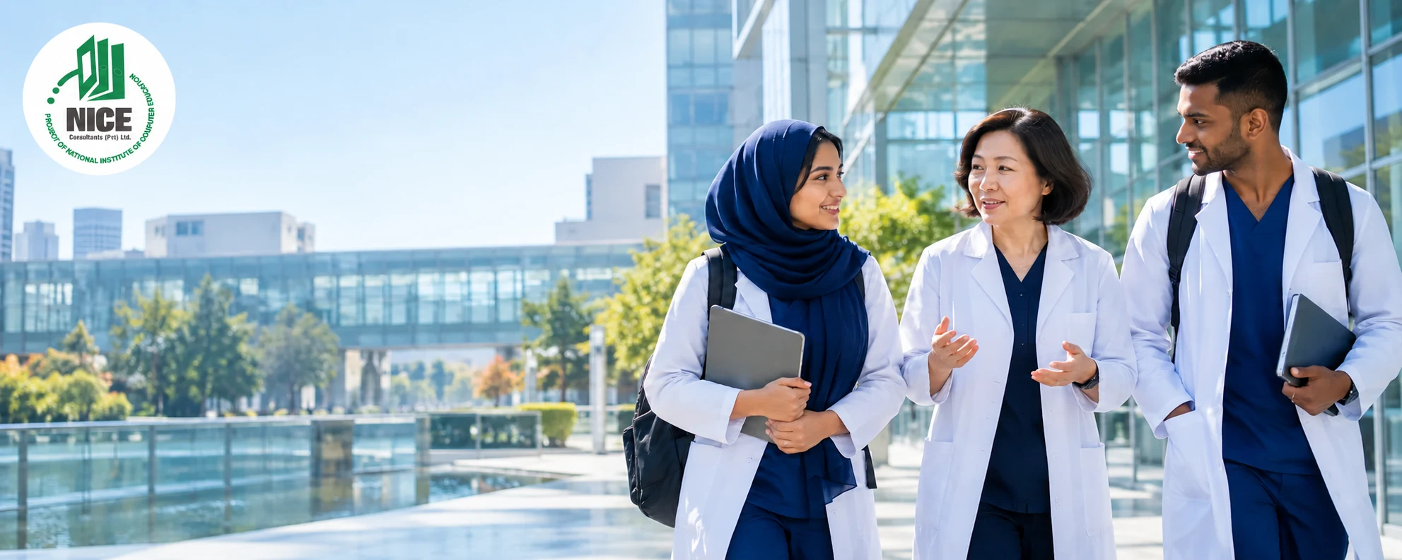 Illustrative scene of Pakistani medical students and a lecturer on a modern university campus