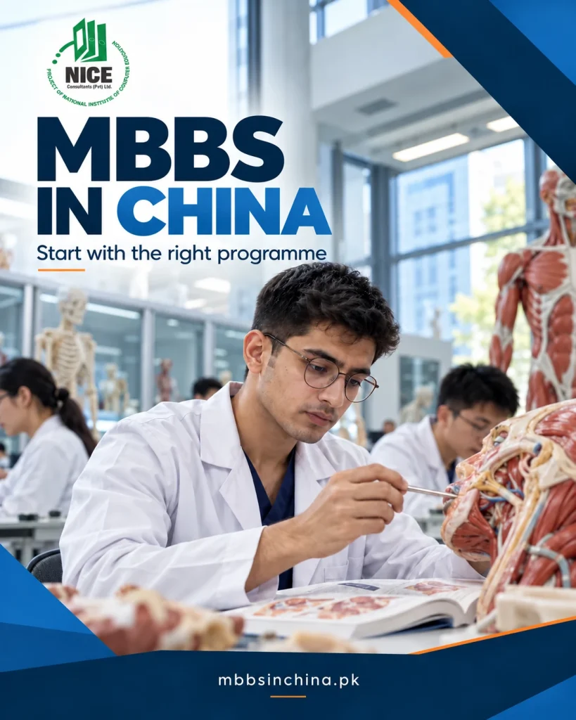 NICE MBBS study planning poster with a student in an anatomy teaching laboratory