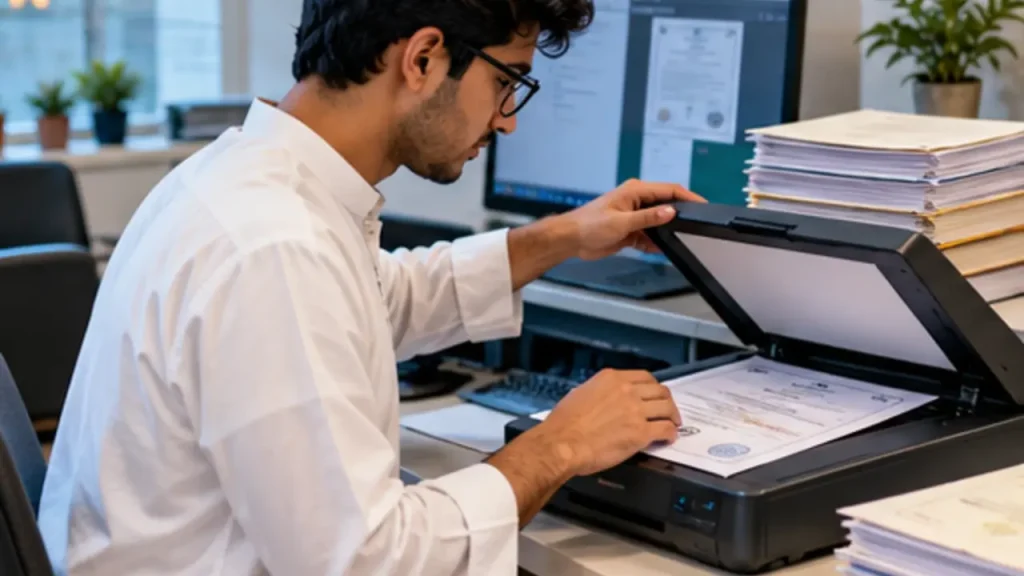 Student scanning school transcripts