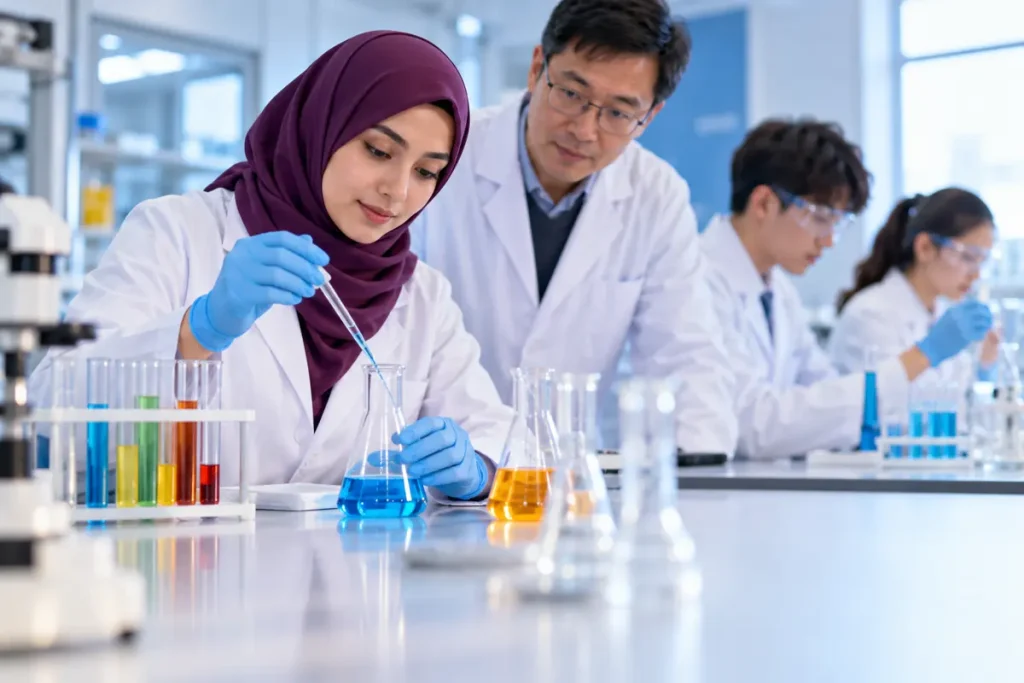 Illustration: Student working in a supervised chemistry laboratory