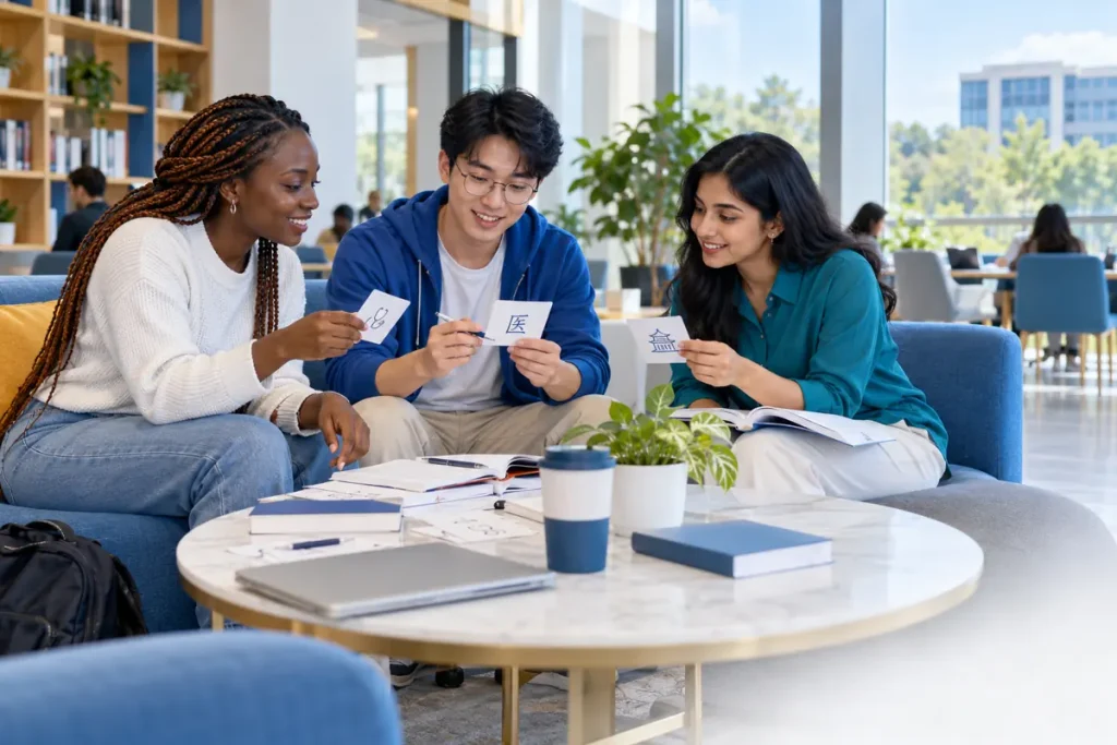 Illustration: International students practising language skills