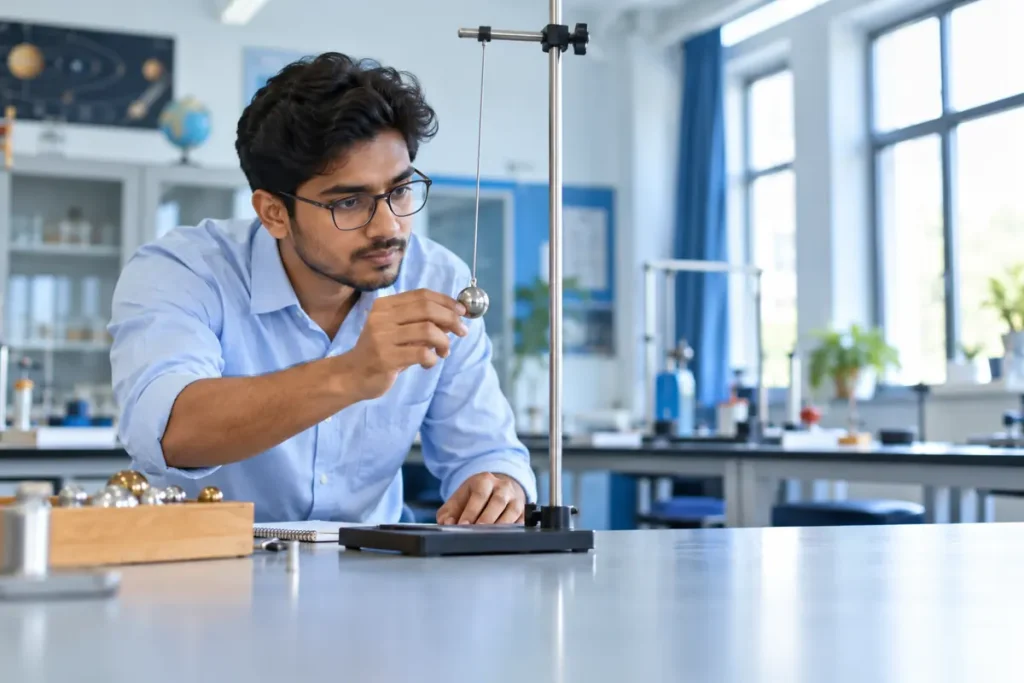 Illustration: Student examining a physics pendulum apparatus