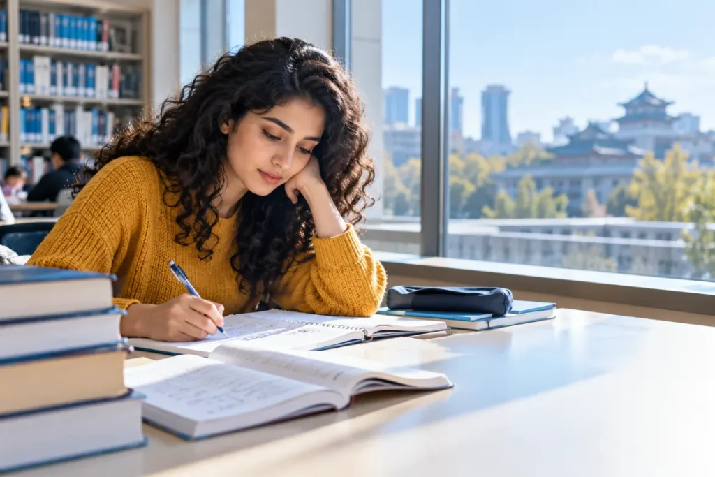 Illustration: Woman revising mathematics in a library