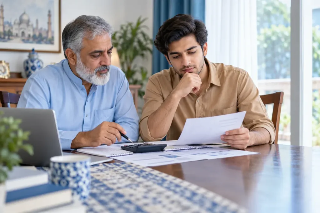 Illustration: Father and adult son reviewing an education budget