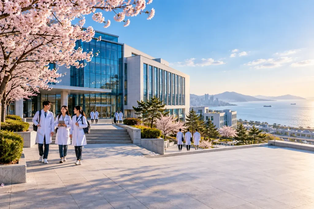 Illustration: Fictional coastal medical college courtyard in China