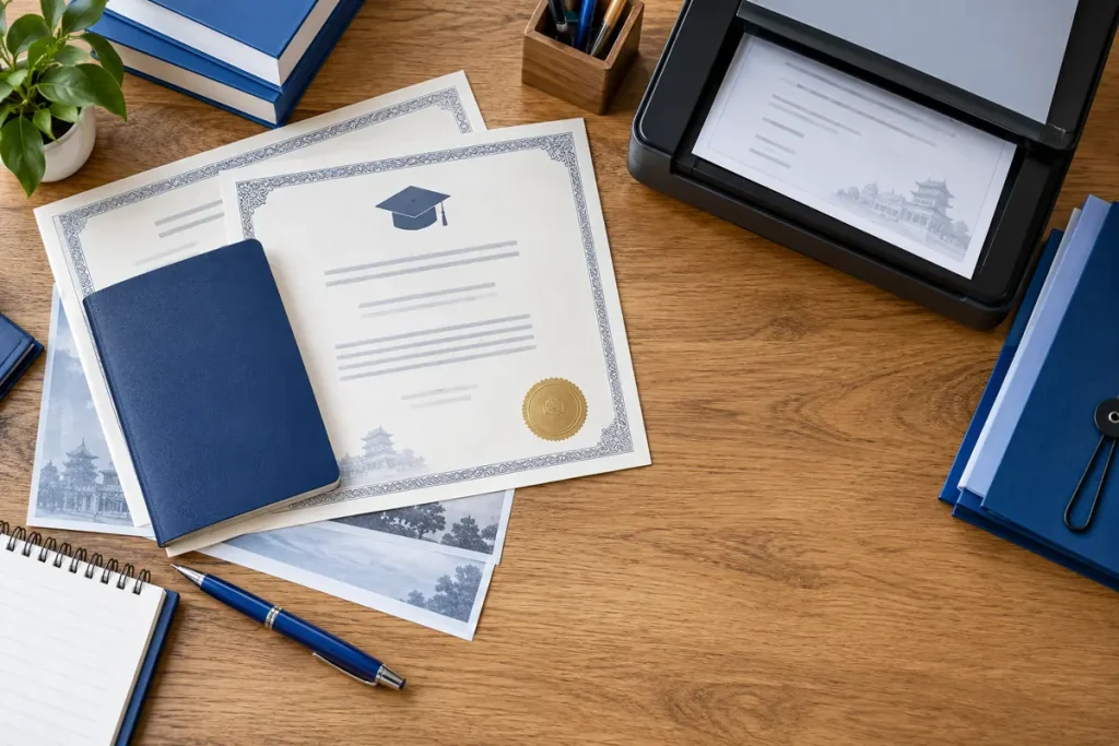 Illustration: Passport and academic document folders on a desk