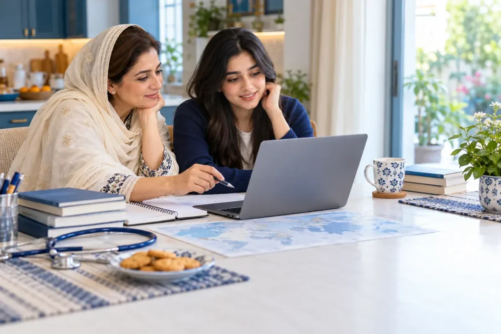 Illustration: Mother and adult daughter planning a medical application
