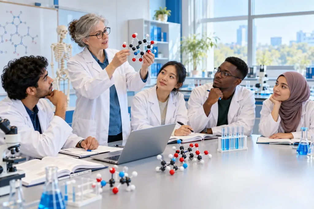 Illustration: International adult students in a preparatory science classroom