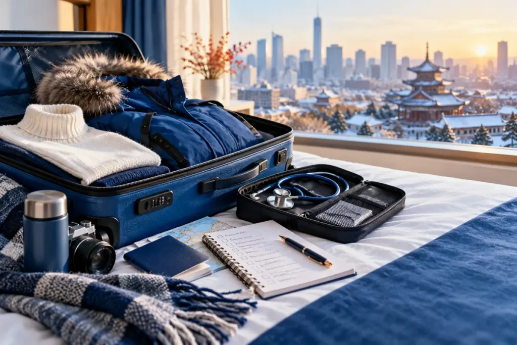 Illustration: Suitcase and winter clothing for overseas study