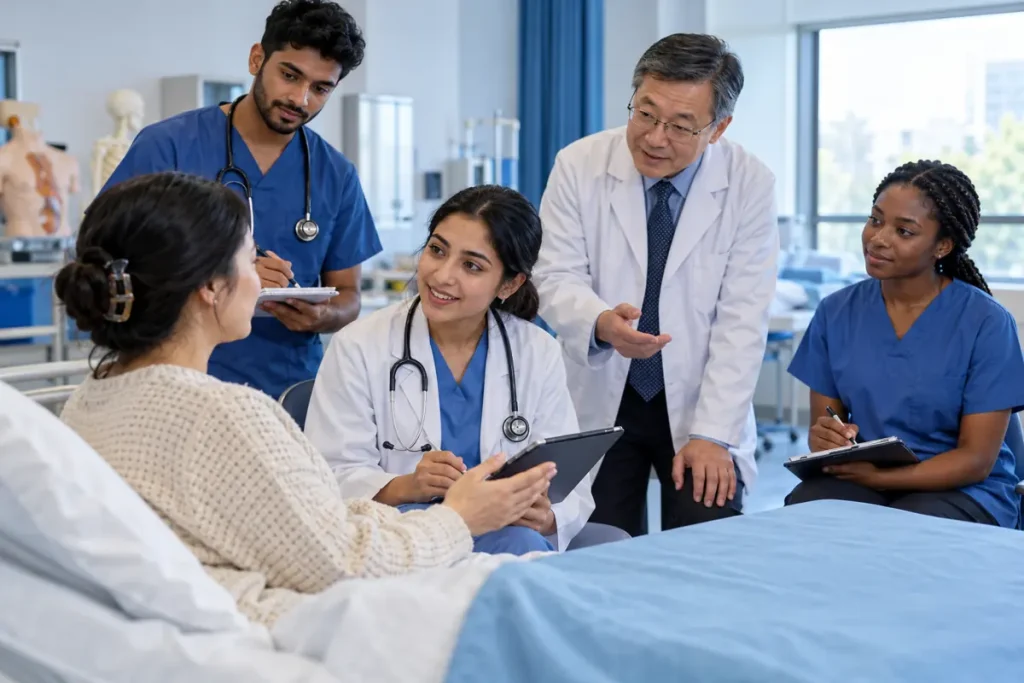 Illustration: Trainees practising communication with a simulated patient
