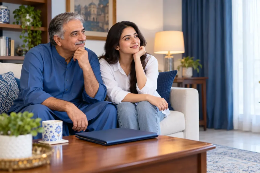 Illustration: Father and adult daughter discussing an education decision