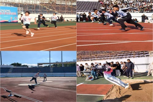 Students competing in athletics at Dalian Medical University main stadium