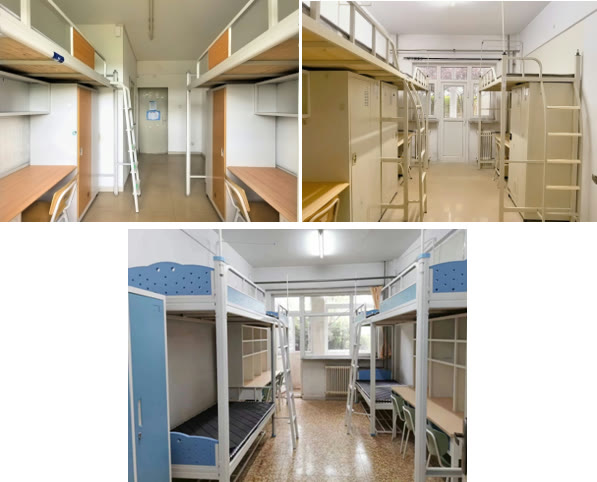 Shared student dormitory rooms with beds and study desks at Dalian Medical University
