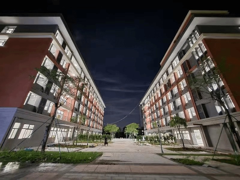 Student dormitory buildings at Guangzhou Medical University at night