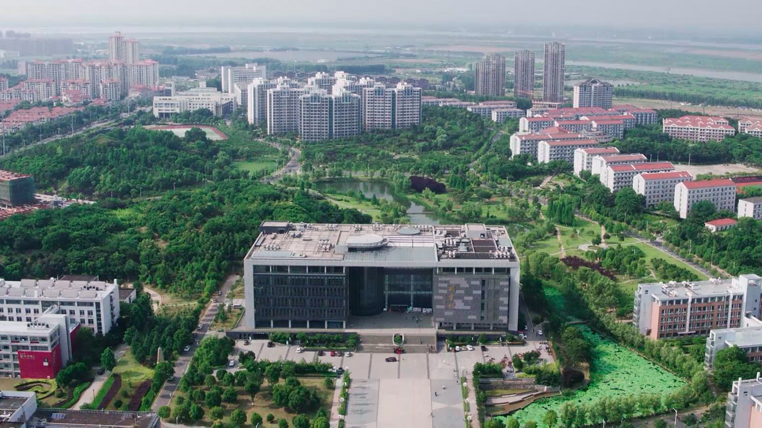 Aerial view of Jiangsu University library academic buildings and student residences